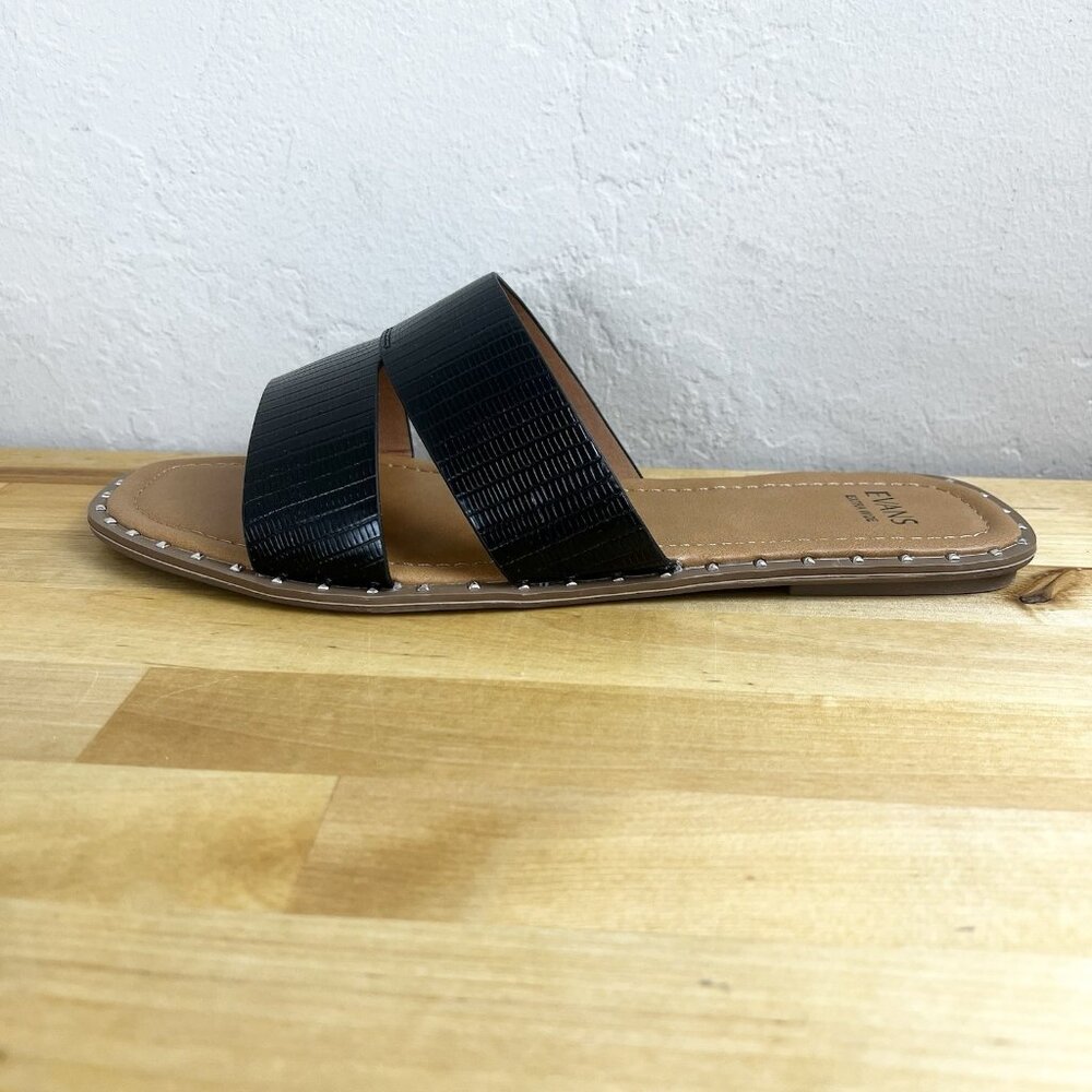 Evans Slide Sandal Riley Embossed Black Flat Studded‎ Shoes Size 10 WIDE NEW